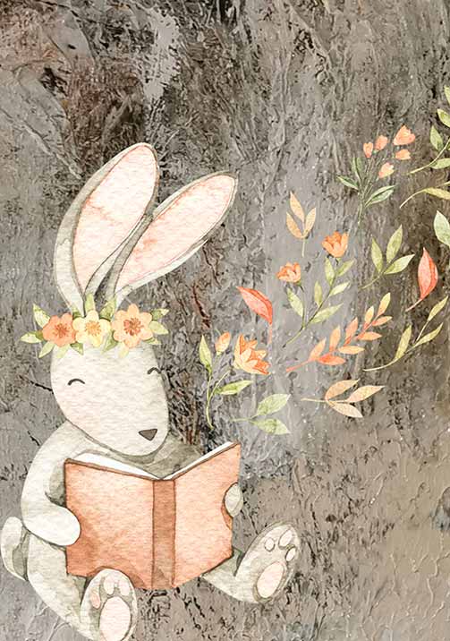 Poster: Reading Rabbit Von Art By Mariann - Lesendes Kaninchen - Kunst  eines weißen Kaninchens mit einem Blumenkranz auf dem Kopf, das ein Buch  liest. - Inzpero Deutschland